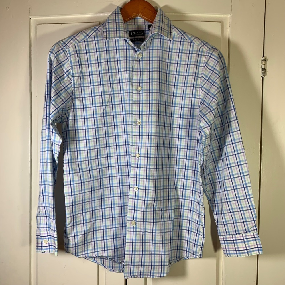 Chaps Boys Pastel Plaid Stretch Button Down Shirt L 14-16 School Preppy Easter
